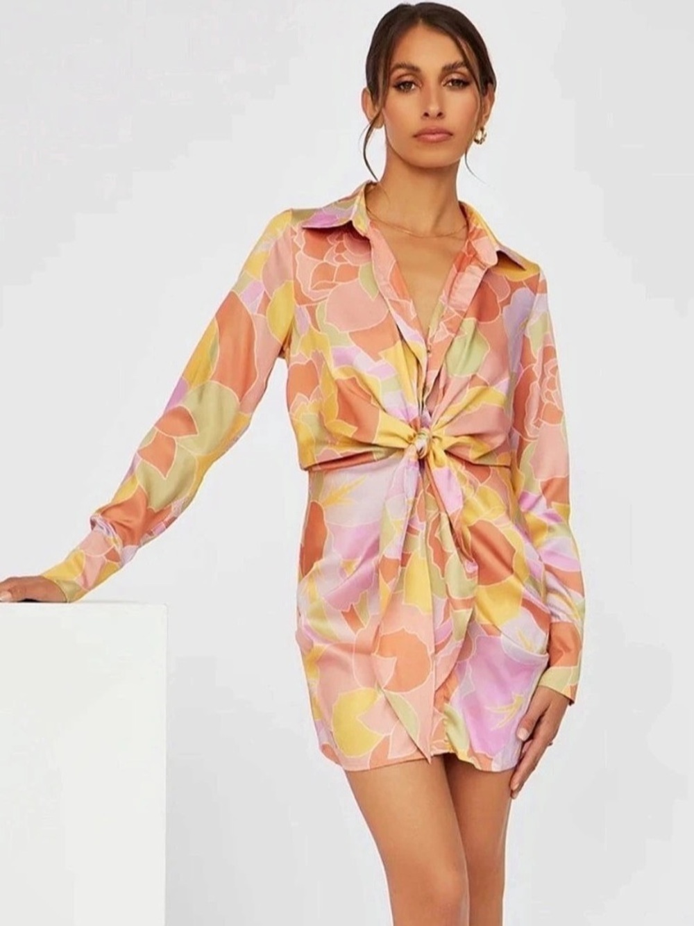 Runaway  Tie-Front Mini Dress in Pink & Orange Size 2 The Label Ruby Mindy XS